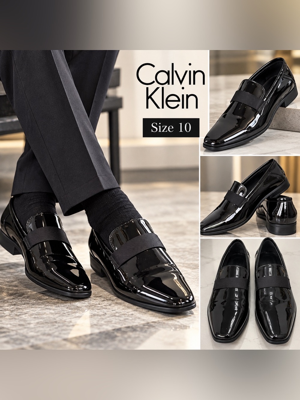 Calvin Klein Men's Black Gloss Patent Leather Slip-On Loafers Sz 10